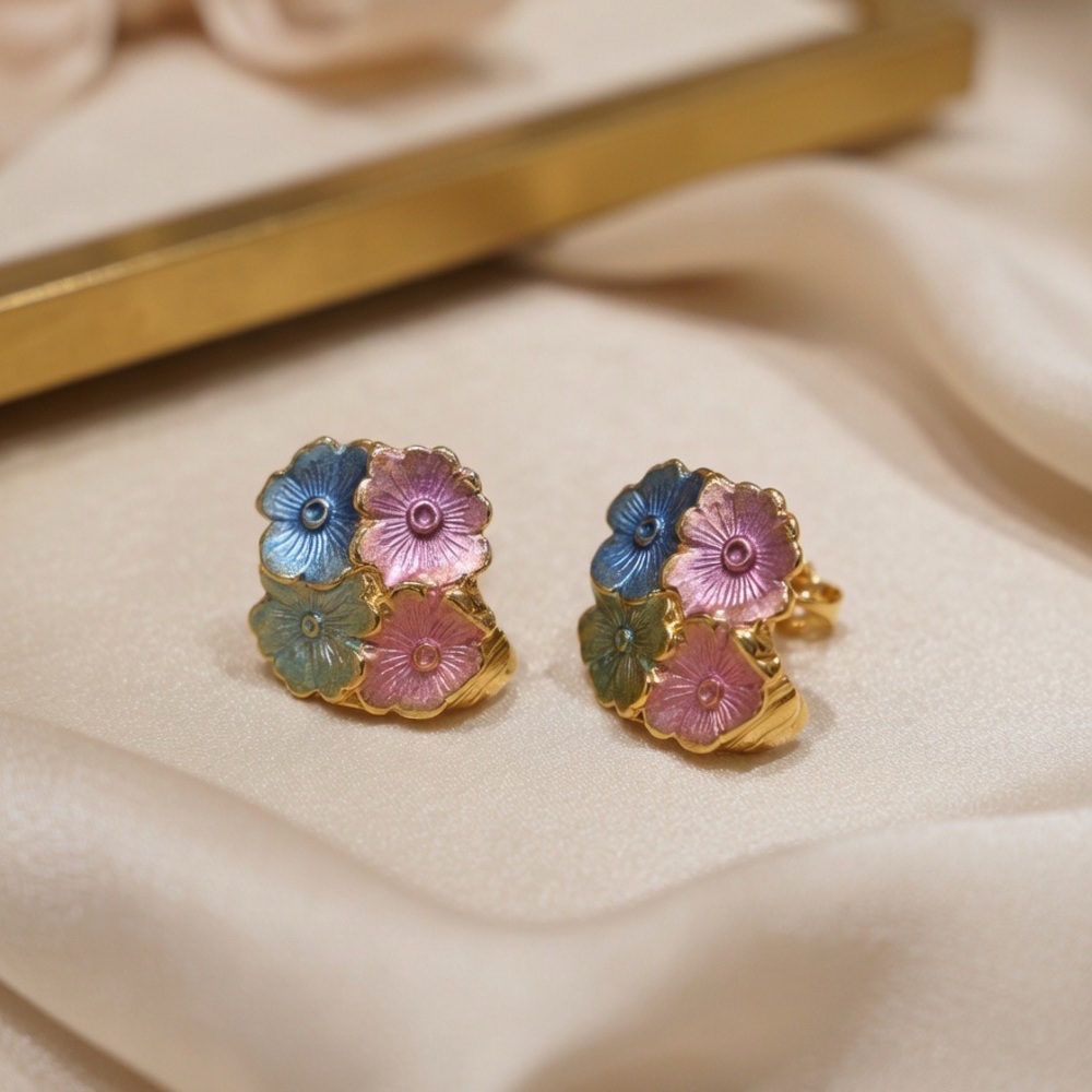 Vintage Enamel Flower Clip On Earrings Gold Tone Pink Blue Floral Cluster
